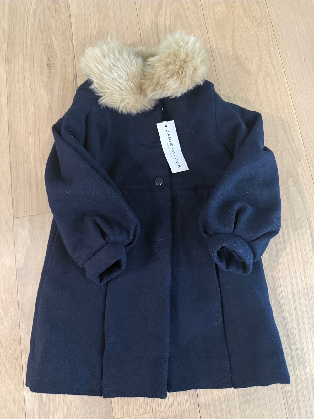Janie and Jack Navy Pea Coat with Cream Faux Fur Collar